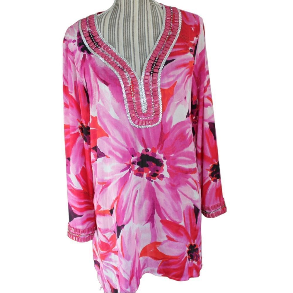 Zara Pink Floral Beaded V-Neck Tunic